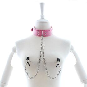 Faux Leather Choker Collar With Nipple Breast Clamp Clip Chain Couple SM Sex Toys For Woman Sex Tools For Couples Adult Games - PINK